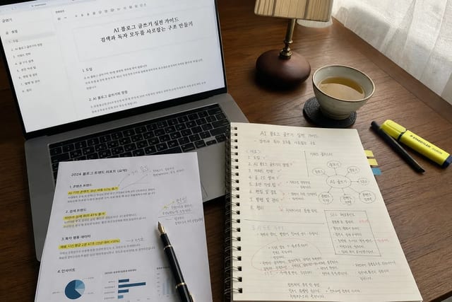AI 블로그 초안과 키워드·글 구조를 정리하는 작성 작업대